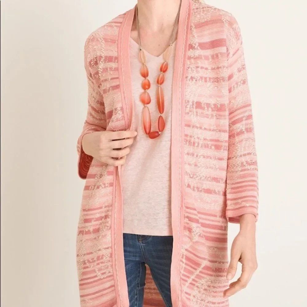 Chico’s Embroidered jacquard Pink open cardigan Small